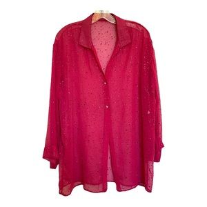 Fuchsia Pink Dazzling Glitter Embellished Sheer Blouse Sz Small